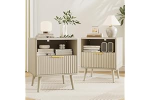 BAZELOR Fluted Night Stand Set of 2, Night Stands with Drawer Open Shelves and Curved Profile Design, Wooden Bedside Table Mo