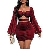 GothDark Womens Sexy Mesh Dress Bodycon Cut Out Puff Sleeve Ruched Party Club Homecoming Mini Dresses