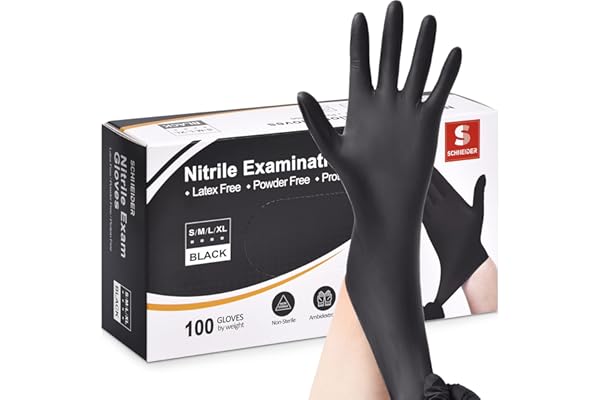 Schneider Nitrile Exam Gloves, Black, Medium, 100-ct Box, 4-mil, Latex-Free, Powder-Free, Food-Safe (NBFK7102)