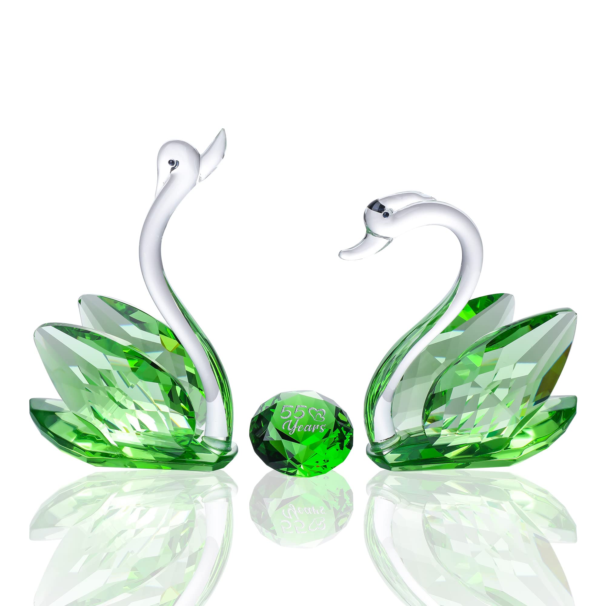 Set of 2 Crystal Green Swans for Wedding Gifts for Couple 55 Years Marriage Emeraled 55th Wedding Anniversary Presents for Parents Glass Swans Figurines Collectibles With Diamond Cut Home Decorative