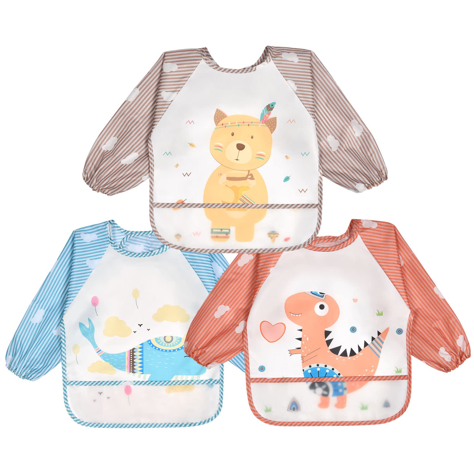 Vicloon Bibs with Sleeves, 3 Pcs Long Sleeve Waterproof Bibs, Unisex Feeding Bib with Large Pocket, Bib Apron Lovely Cute Cartoon bib for Infant Toddler 6 Months to 24 Months