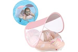 Free Swimming Baby Infant Pool Float with Sun Canopy Inflatable Baby Swimming Floatie with Sponge Safety Bottom Support Water Toys Swimming Trainer (Pink, Large)