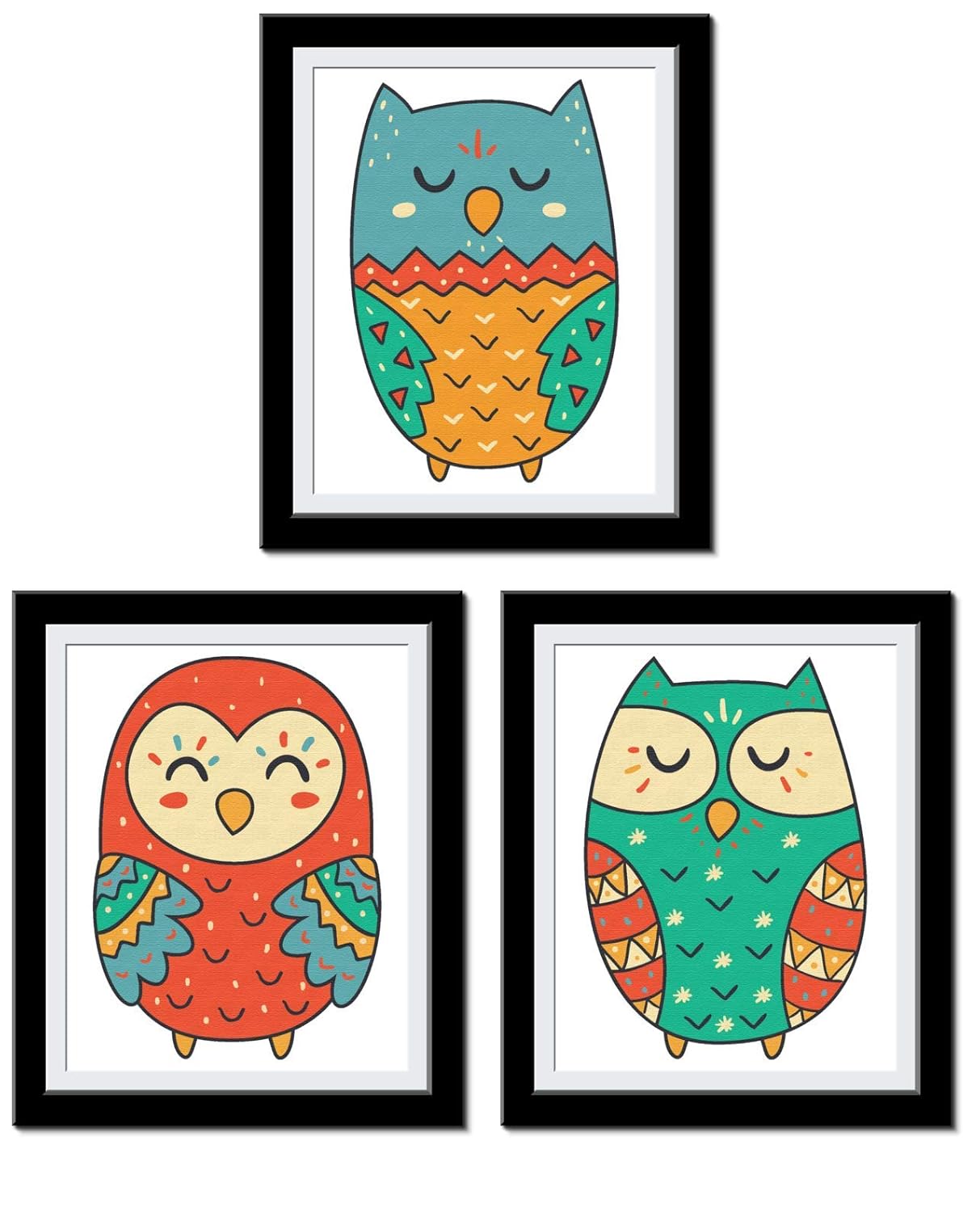 Owl Decor - Cute Owl Wall Art - Nursery Decor - Set of 3 Owls for Kids room Bedroom Toyroom Decorations - 8 x 10 UnFramed…