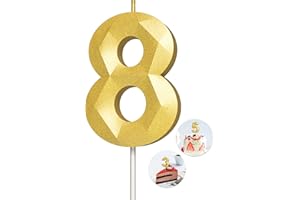KENJOVIVO Number Birthday Candles(8 Candle Gold) 3D Diamond Shape Number Happy Birthday Cake Candles for Birthday Party Wedding Decoration Reunions Theme Party