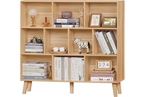 LEYAOYAO 10 Cube Bookshelf,3 Tier Modern Bookcase with Legs,Mid-Century Wide Wood Bookshelves Storage，Natural Large Book Case