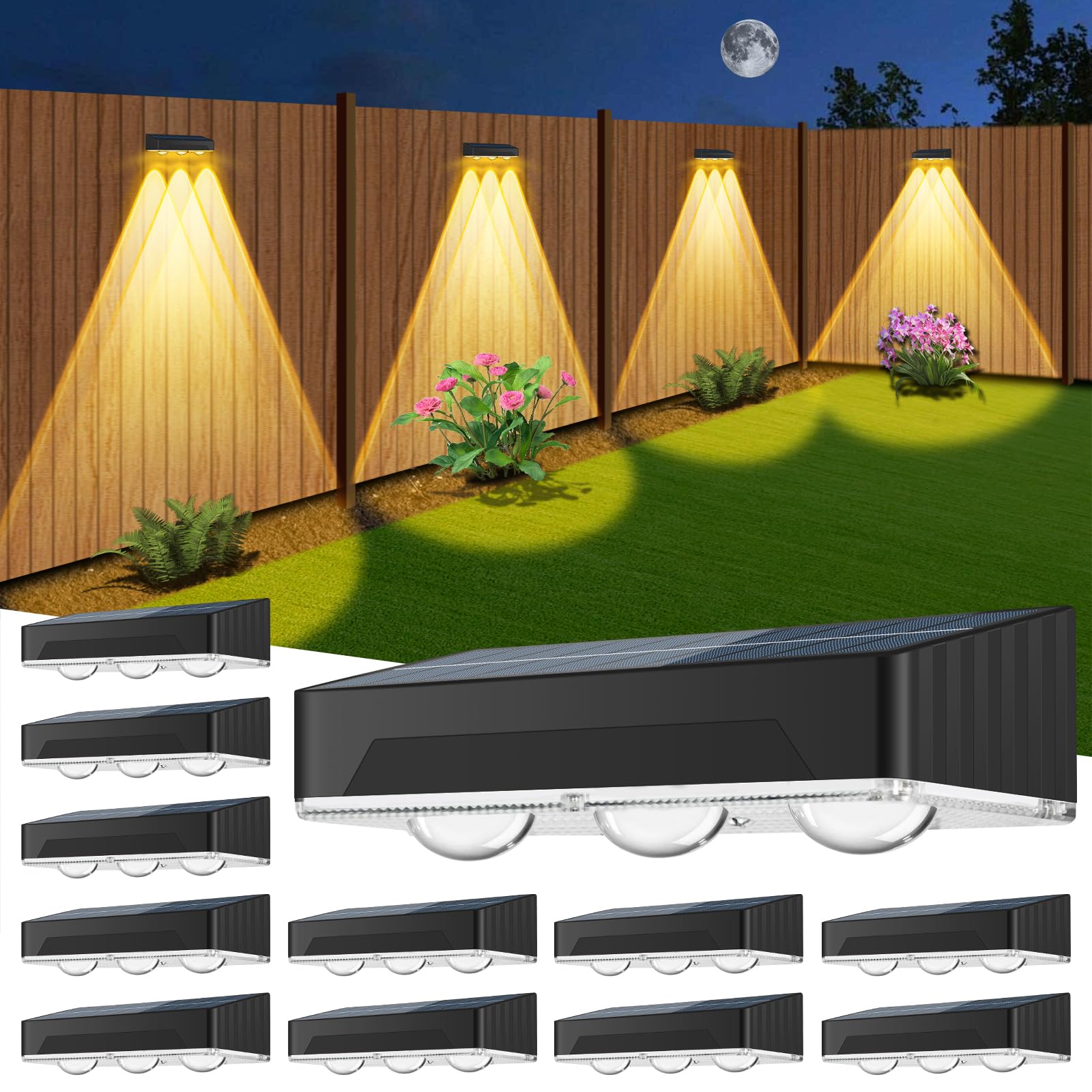 Photo 1 of Solar Fence Lights Outdoor 12 Pack Upgraded High Brightness 3 LED Spot Lens Waterproof Deck Lights 7 Mode Warm&Cool White RGB Solar Powered Wall Lighting Decor for Outside Patio Step Backyard Railing