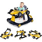 GLACER Foldable Baby Walker, 4-in-1 Infant Walker with Adjustable Height &amp; Speed, Music, Light, Steering Wheel &amp; Washable Cushion, Baby Walker Activity Center for Boys Girls 6 &ndash;18 Months (Yellow)