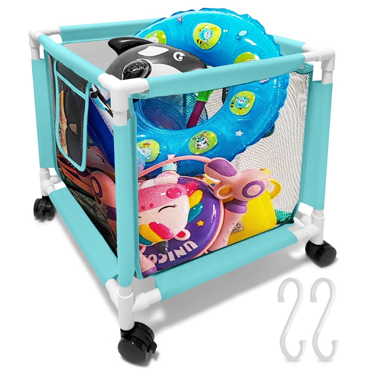 Photo 1 of 25 Gallon Small Blue Pool Storage Bin Mint – Compact Waterproof Mesh Organizer for Towels, Toys, Floats – Poolside Storage with Locking Wheels and Hooks - Rolling Net Basket for Patio, Yard