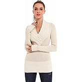 AmélieBoutik Women Crossover Cable Knit V Neck Long Sleeve Pullover Sweater