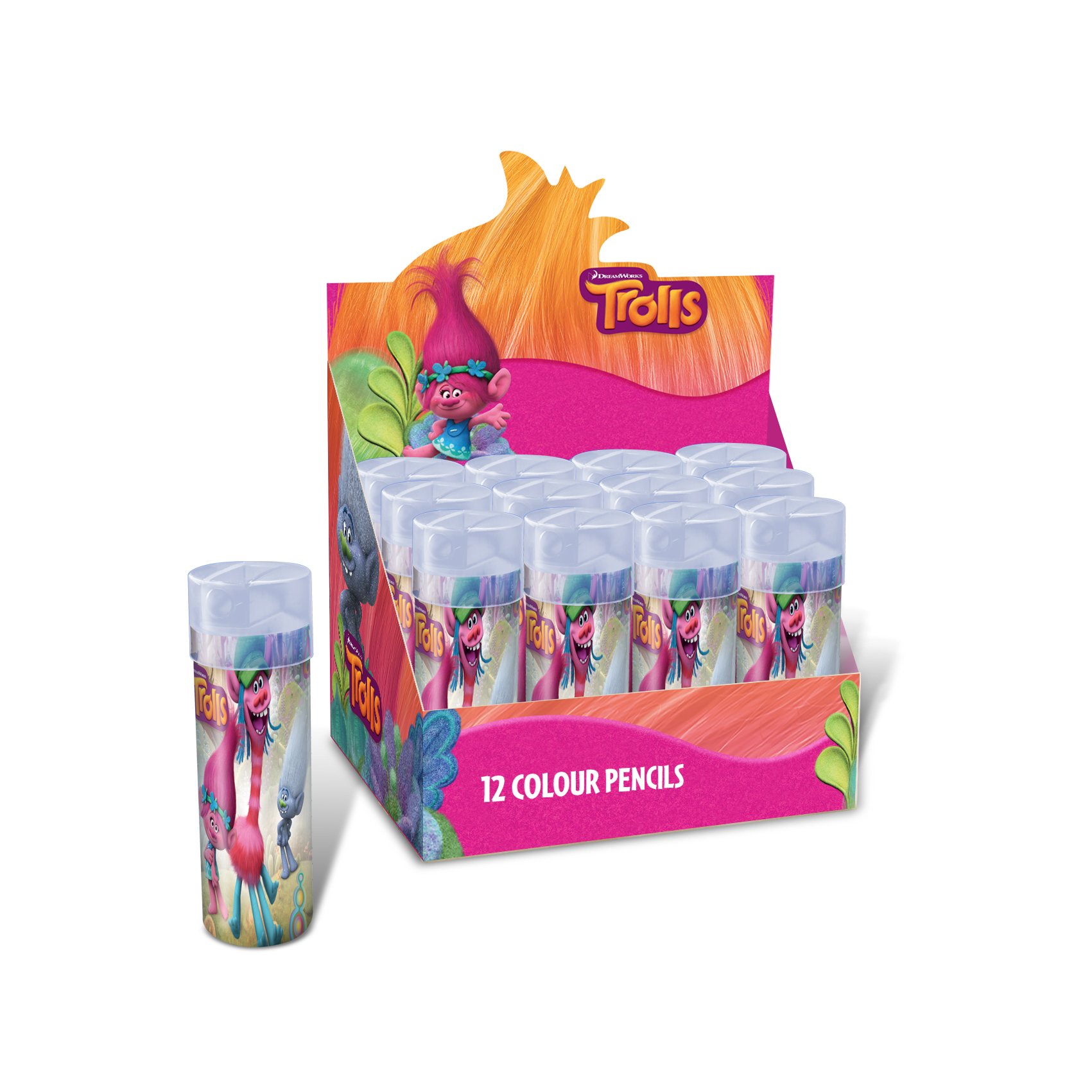 Trolls 12 x Official Licensed 12 Colouring Pencils & Sharpener In Tin