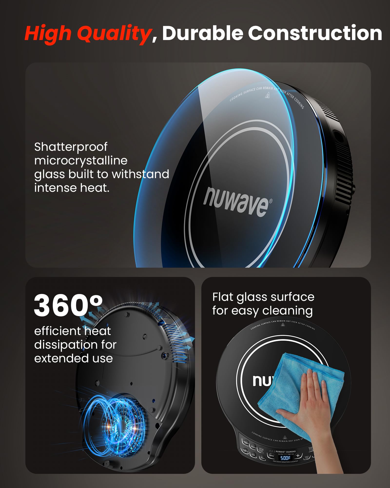 Nuwave Portable Induction Cooktop Diamond with Probe, Advanced Countertop Burner, 91 Temps from 100°F to 500°F, 12”Shatter-Proof Ceramic Glass & 6.5”Heating Coil, Ideal for RV Camp,Small Apt,Travel