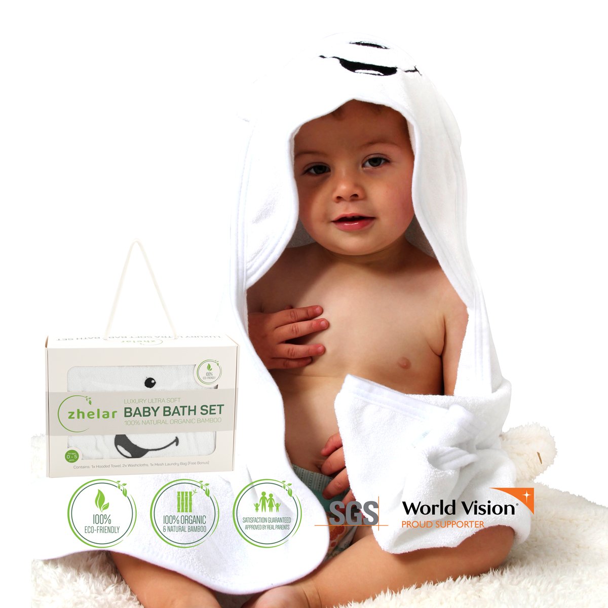 Luxury Baby Bath Set by ZHELAR | Organic Bamboo | Extra Large, Ultra Soft, Plush & Cosy Baby Hooded Towel & 2 Washcloths for Newborn, Infant, & Toddler | Perfect Shower Gift | Bonus Laundry Bag