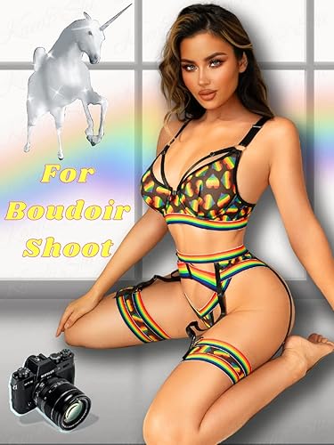 Kaei&Shi Garter Belt Thong Lingerie for Women,Strappy Hollow Out Sexy  Lingerie,Underwire Mesh Sheer Matching 4 Piece Lingerie Set Festival Rave  Outfits LGBTQ Lesbian Pride Month Rainbow Large in Kenya | Whizz Women