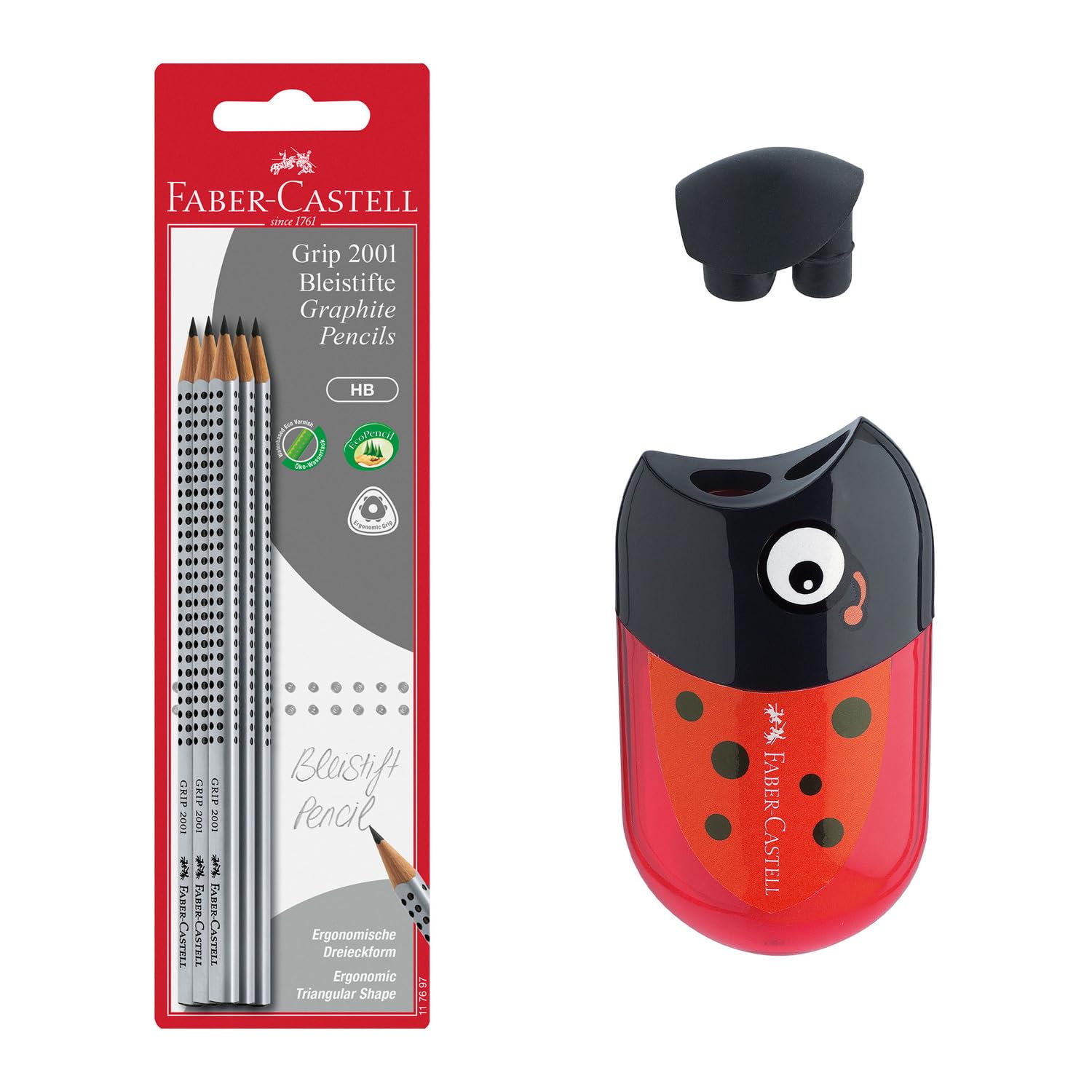 FABER-CASTELL 205078 Writing Set with 6 HB Pencils and Beetle Sharpener for Children