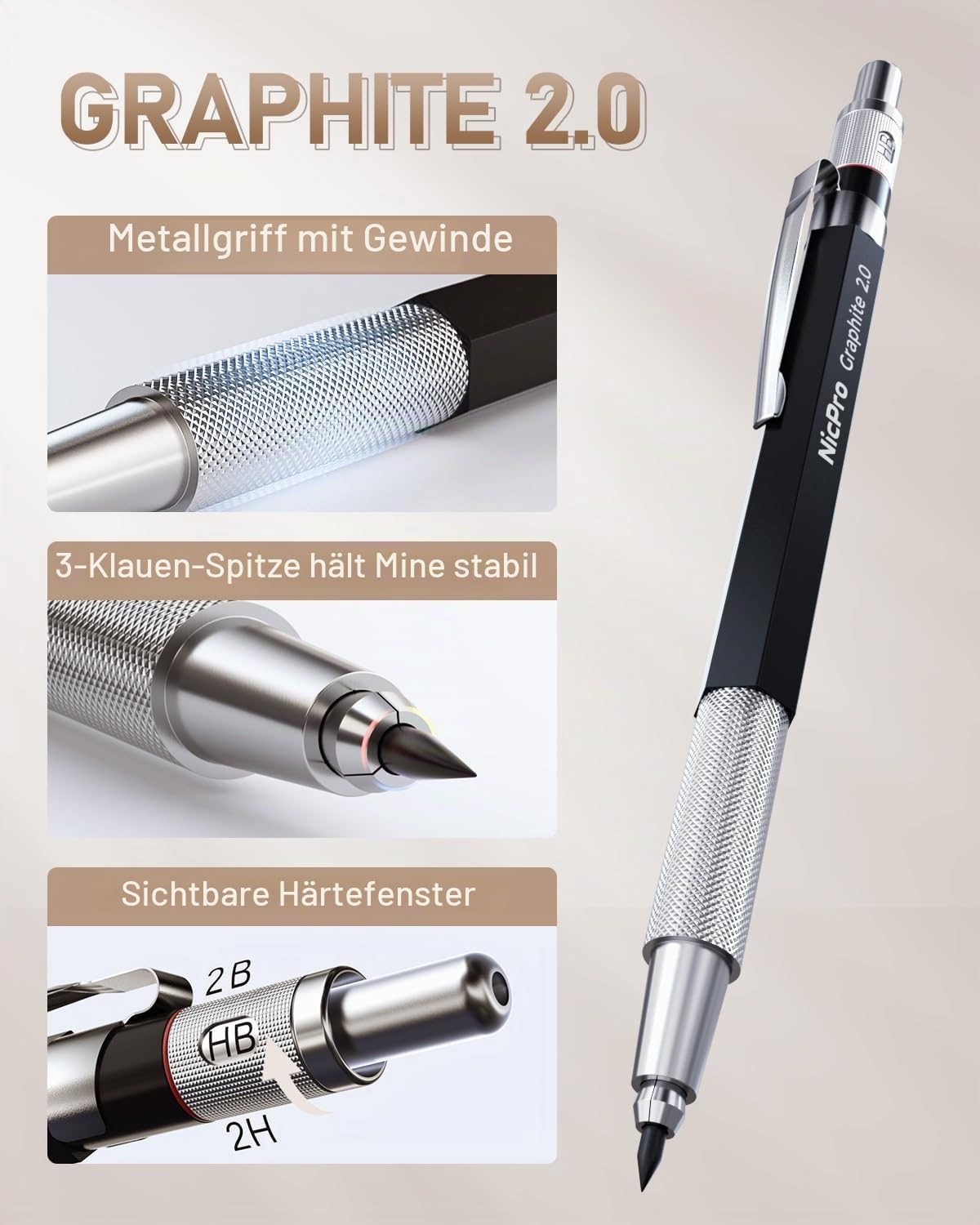 Nicpro 30 Stück Kunst Druckbleistifte Set mit Ledertasche, Metall Bleistifte 0,5, 0,7, 0,9, 2 mm mit 16 Tuben (6B 4B 2B HB 2H 4H CR) Minen (Schwarz und Farben), Zeichenstifte für Skizzieren, Zeichnen 2