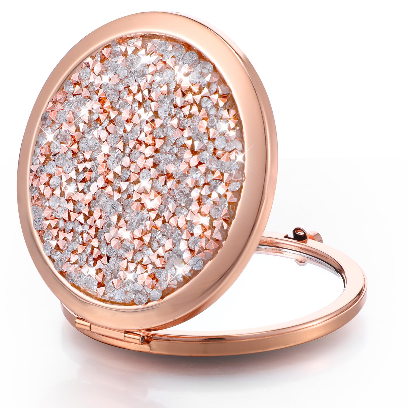YUXIANLB 1X/2X Magnifying Compact Mirror for Purse, Mix Diamond Metal Pocket Mini Makeup Mirror, Double Sided Magnification Folding Mirror Cosmetic Mirror Gift for Women Men(Round, Rose Gold)
