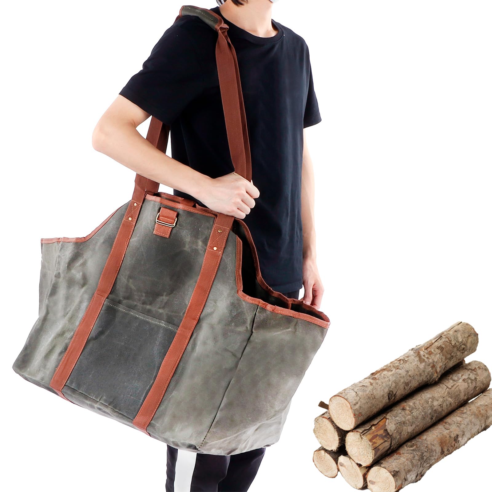 Waxed Canvas Log Carrier Tote Bag with Padded Handles and Shoulder Strap,Heavy Duty Log Tote Bag For Camping,Large Capacity for Fireplaces,Wood Stoves,Convenient Side Pockets Easy To Clean