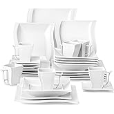 MALACASA Ivory White Dinnerware Sets, 30-Piece Porcelain Plates and Bowls Sets, Modern Dish Set for 6, Square Plates Dinnerware Set Kitchen Dishware Sets, Microwave and Dishwasher Safe, Series Flora