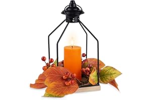 Rhytsing Harvest and Thanksgiving Table Centerpieces, H 10 Inches Decorative Lantern with Real Wax Orange LED Candle and Fall Candle Ring, Battery Metal Hanging Lanterns with Timer for Autumn