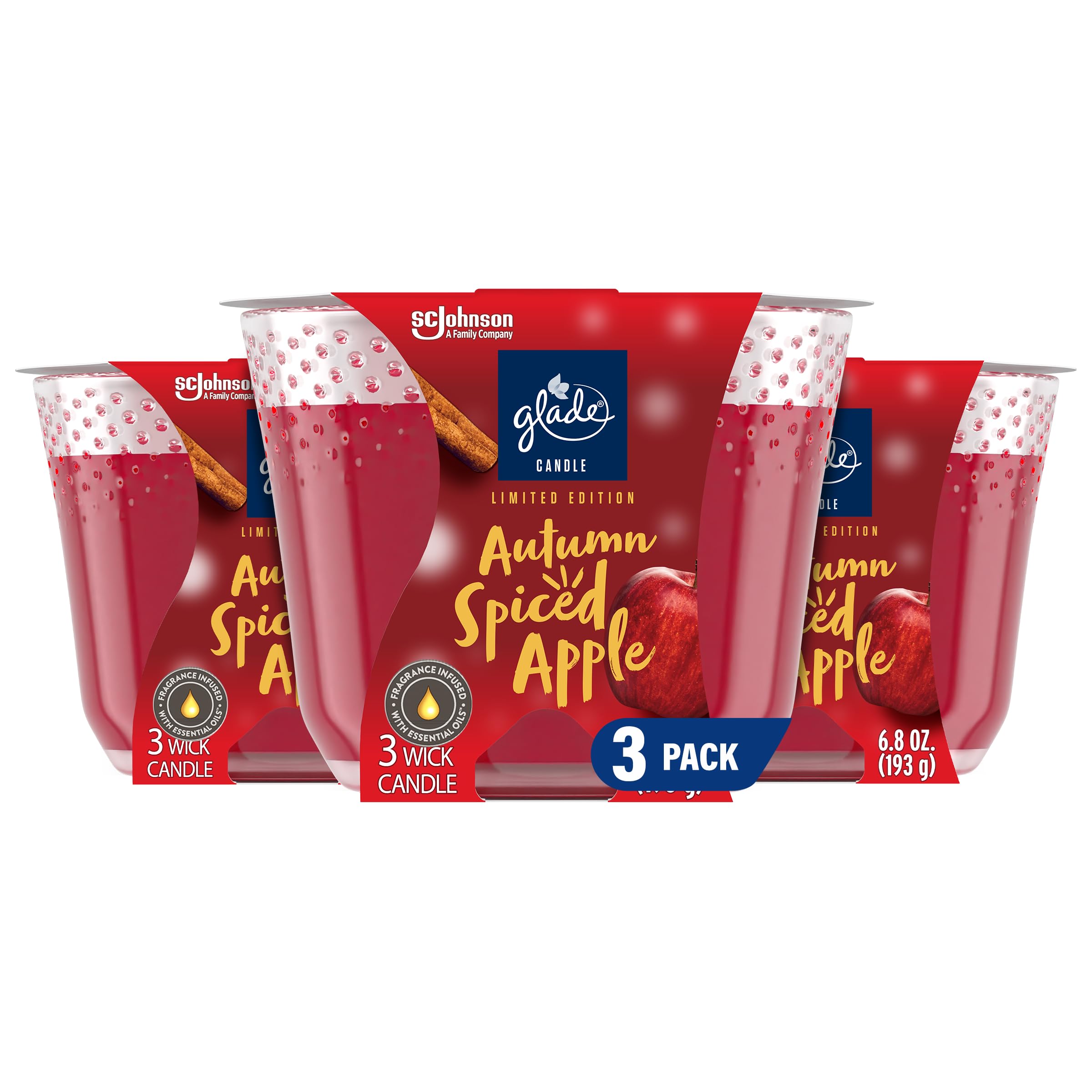 Glade Candle Autumn Spiced Apple, Fragrance Candle Infused with Essential Oils, Air Freshener Candle, Limited Edition Scent, 3-Wick Candle, 6.8 Oz, 3 Count