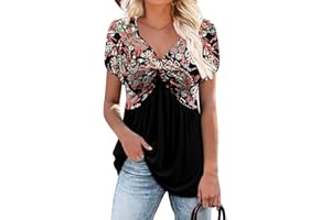 ONLYSHE Womens V Neck Shirts Short Sleeve Tops Front Knotted T Shirt Casual Solid&Floral Tunic Summer Henley Tees Blouse