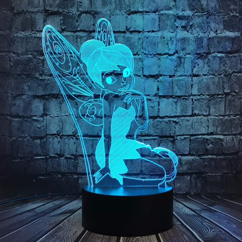 Tinker Bell Cartoon LED Night Light 3D Movie Figure Pretty Fairy Bulb 7 Color USB Change Panel Decor Room Mood Table Lamp for Girl Holiday Birthday Party Friend Gift Kids Toy(Fly Tinker Bell)