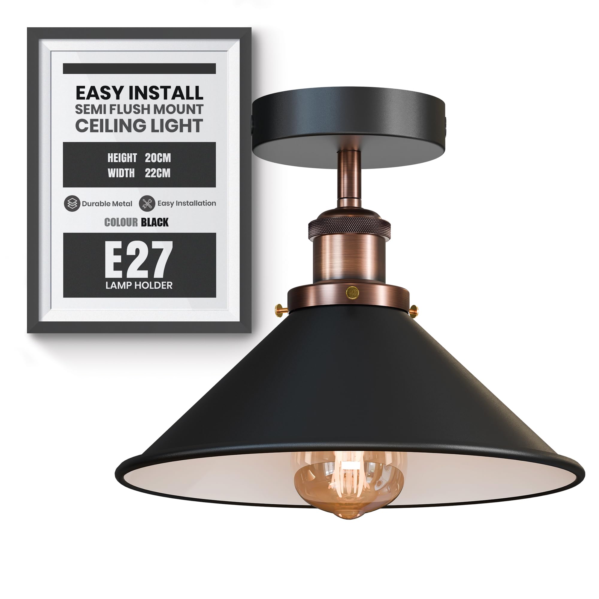 DC VOLTAGE Vintage Ceiling Light Semi Flush Mount Industrial Metal 22cm Black Inner White E27 Holder Lamp Shade for Living Room Kitchen Bedroom Hallway Corridor Restaurant with Bulb
