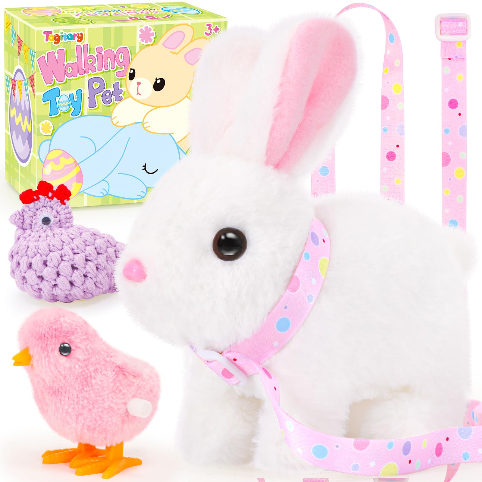 Tagitary Easter Plush Toys Interactive Bunny for Kids That Wiggling Ears,Hopping,Twitching Nose with Sounds,Realistic Rabbit Toy with Leash and Wind Up Toys,Easter Birthday Gift for Toddlers
