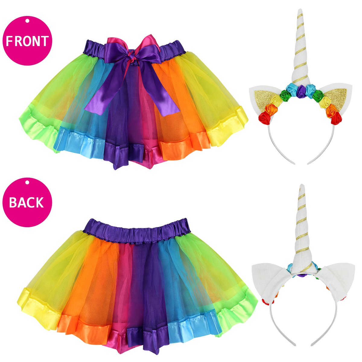 Rocita Girls\' Rainbow Tutu Skirt Colorful Pleated Gauzy Princess Dress With Unicorn Cat Ear Hair Clasp (Rainbow, L)