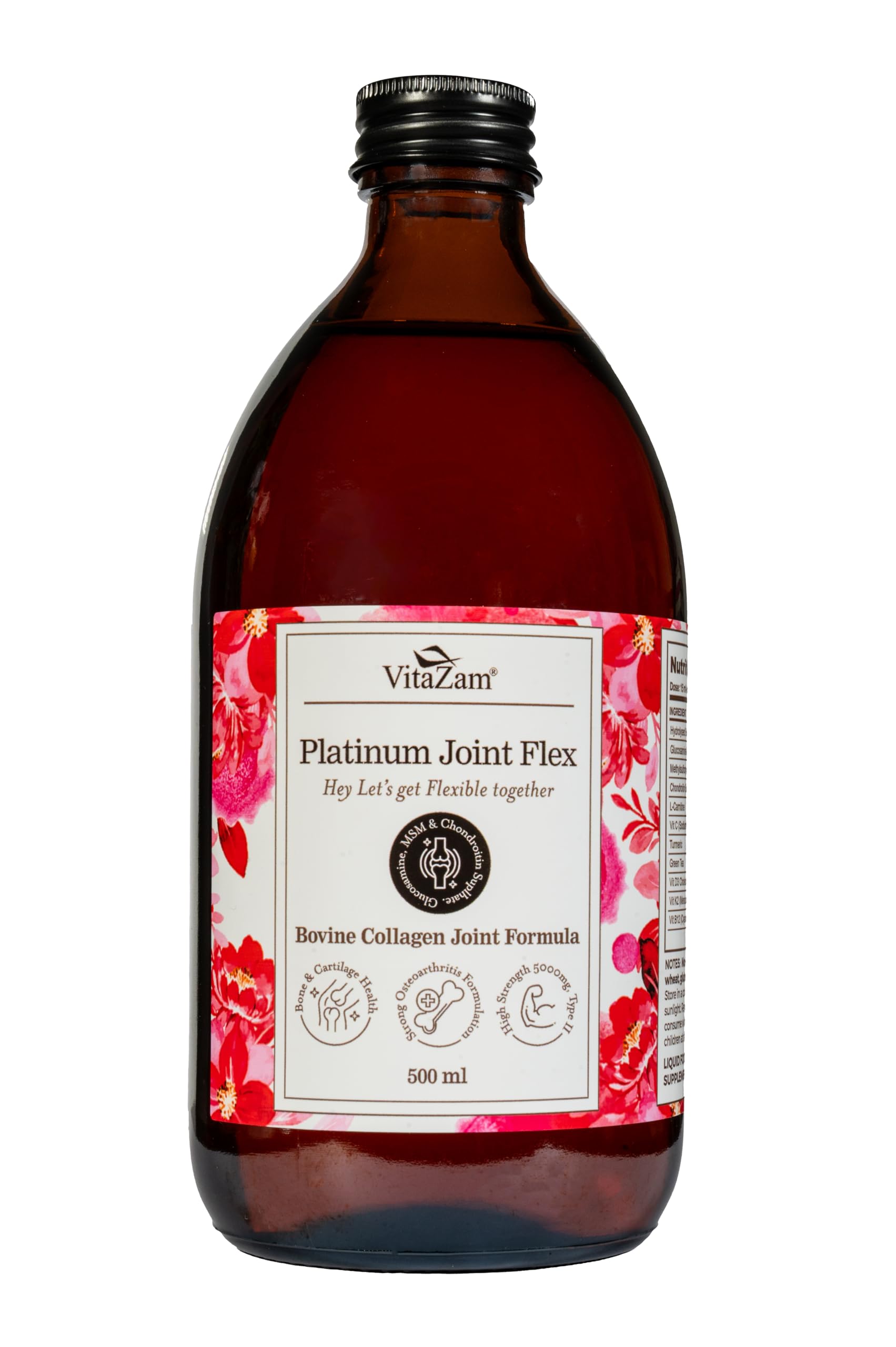 VitaZam Glucosamine and Chondroitin High Strength Platinum Joint Flex 500 ml, Collagen Type II Berry Flavour Supplements with Turmeric & Green Tea Extract, Collagen Formulation for Bones and Joints