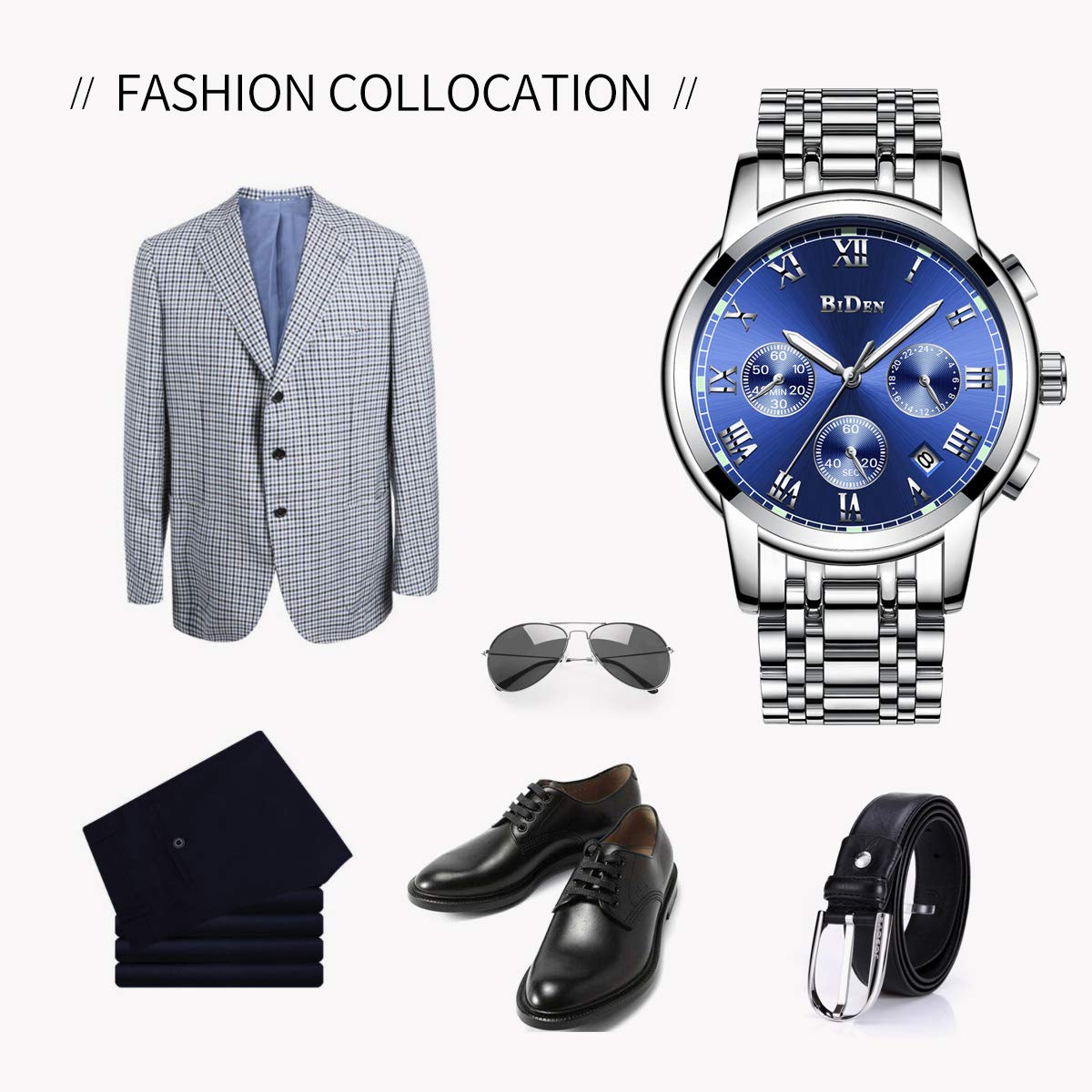 Montre de montres, pour homme montre bracelet en acier inoxydable Argenté, Luxe Design Cadran bleu étanche multifonction à quartz pour homme, montres Causal Entreprise Robe