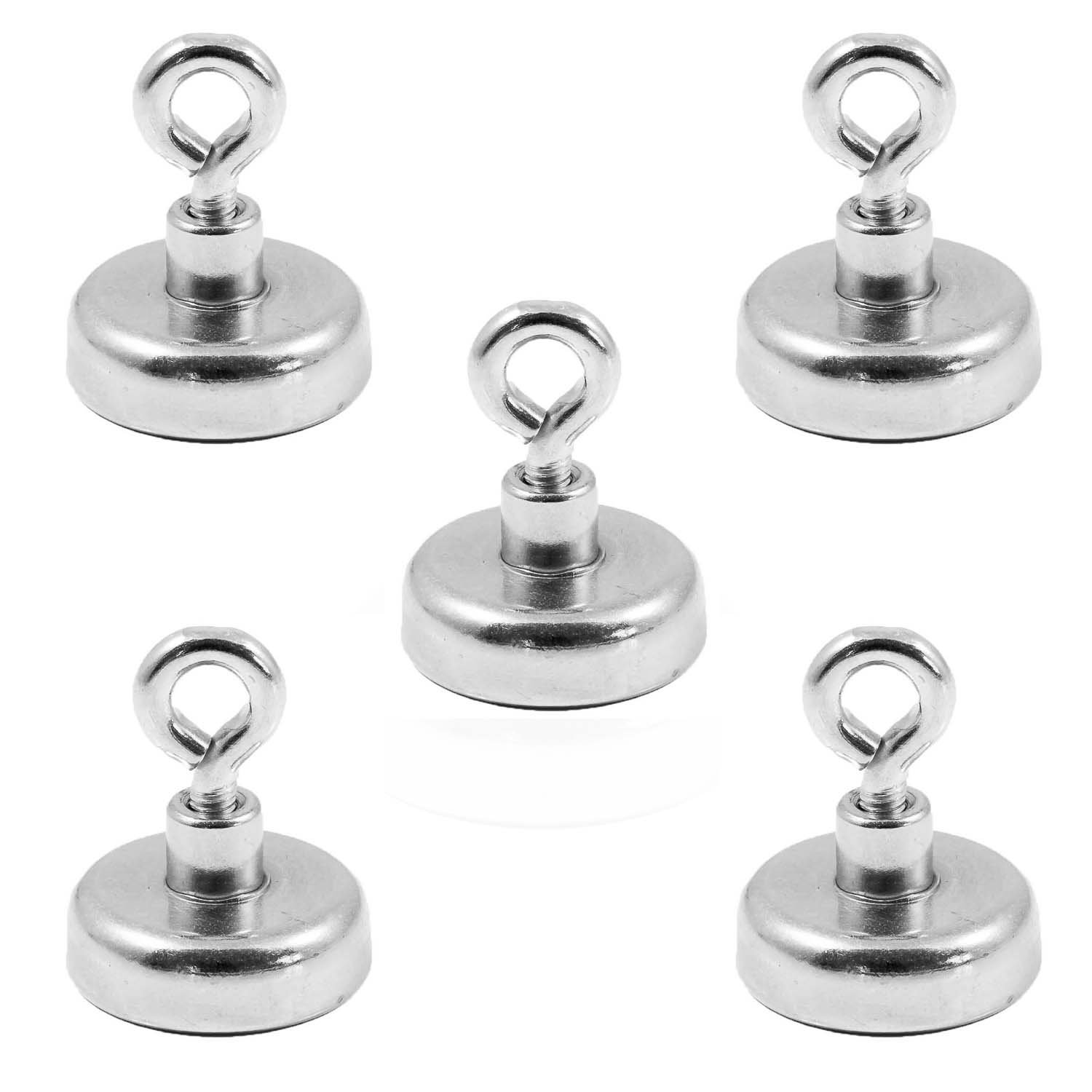 Magnetastico® | 5 pieces neodymium N35 eyelet magnets 25 mm Ø | Holding force 22.0 kilograms | 5 neodymium pot magnets with eyebolt, magnetic eyelet, very strong & galvanised