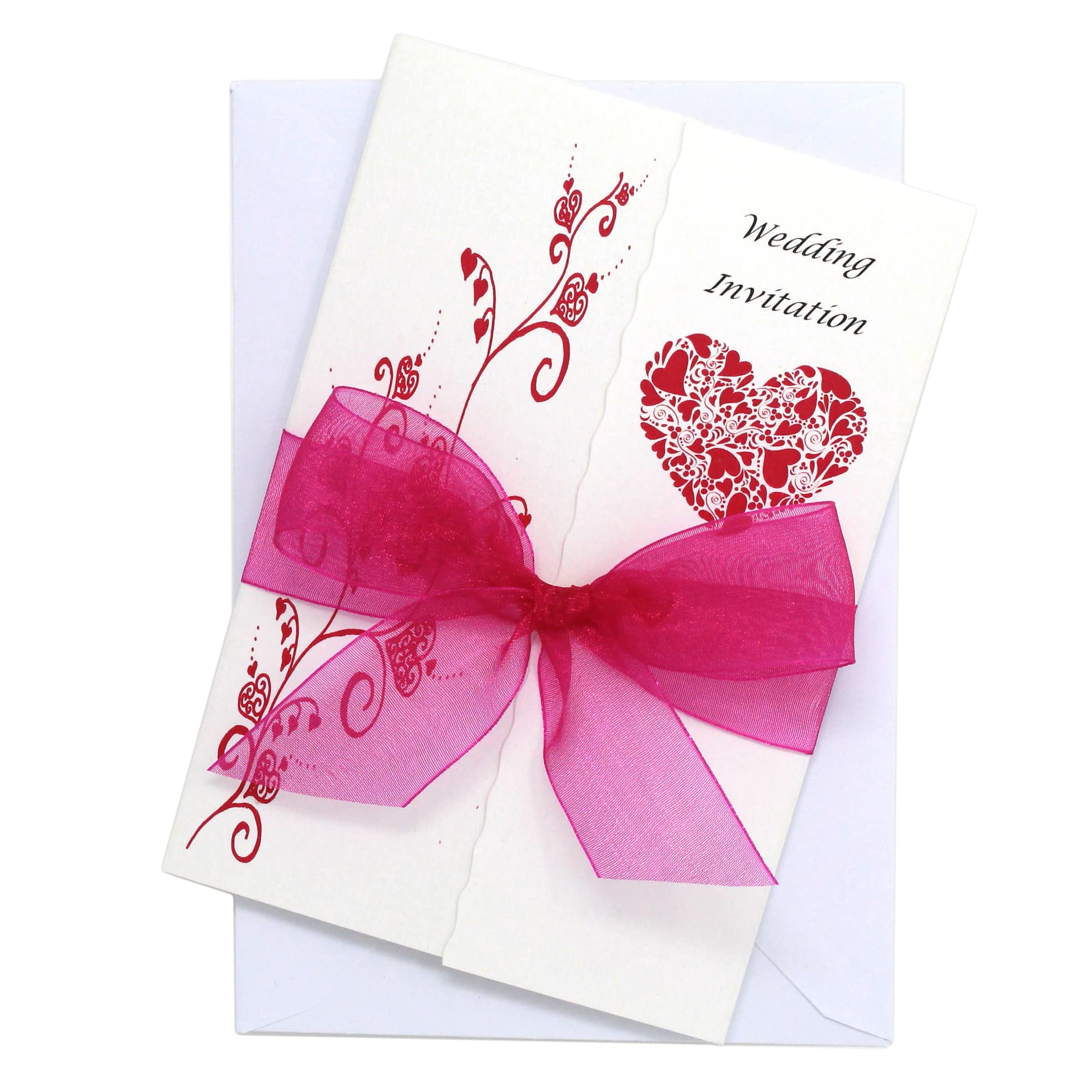 Pack of 10 Fushia Wedding Invitations with ribbon and envelopes- Gatefold style!