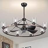 44" Large Ceiling Fans with Lights Wagon Wheel Chandelier, Farmhouse Fandelier Classical Black Fans with Glass Lampshade Ligh