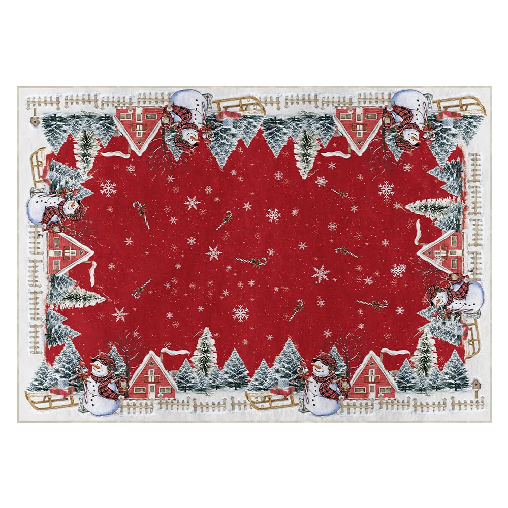 Photo 1 of Artoid Mode Red Snowman House Pine Tree Christmas Area Rug, Xmas Winter Home Decor Low-Profile Washable Area Rugs for Entryway Bedroom Living Room Laundry Room Indoor 5x7 Feet