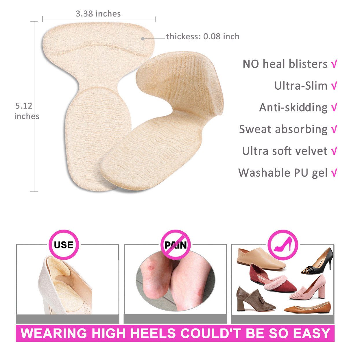High Heel Pads Heel Liner Back Heel Cushion Inserts Snugs for Women Prevent Blisters Relax Pain