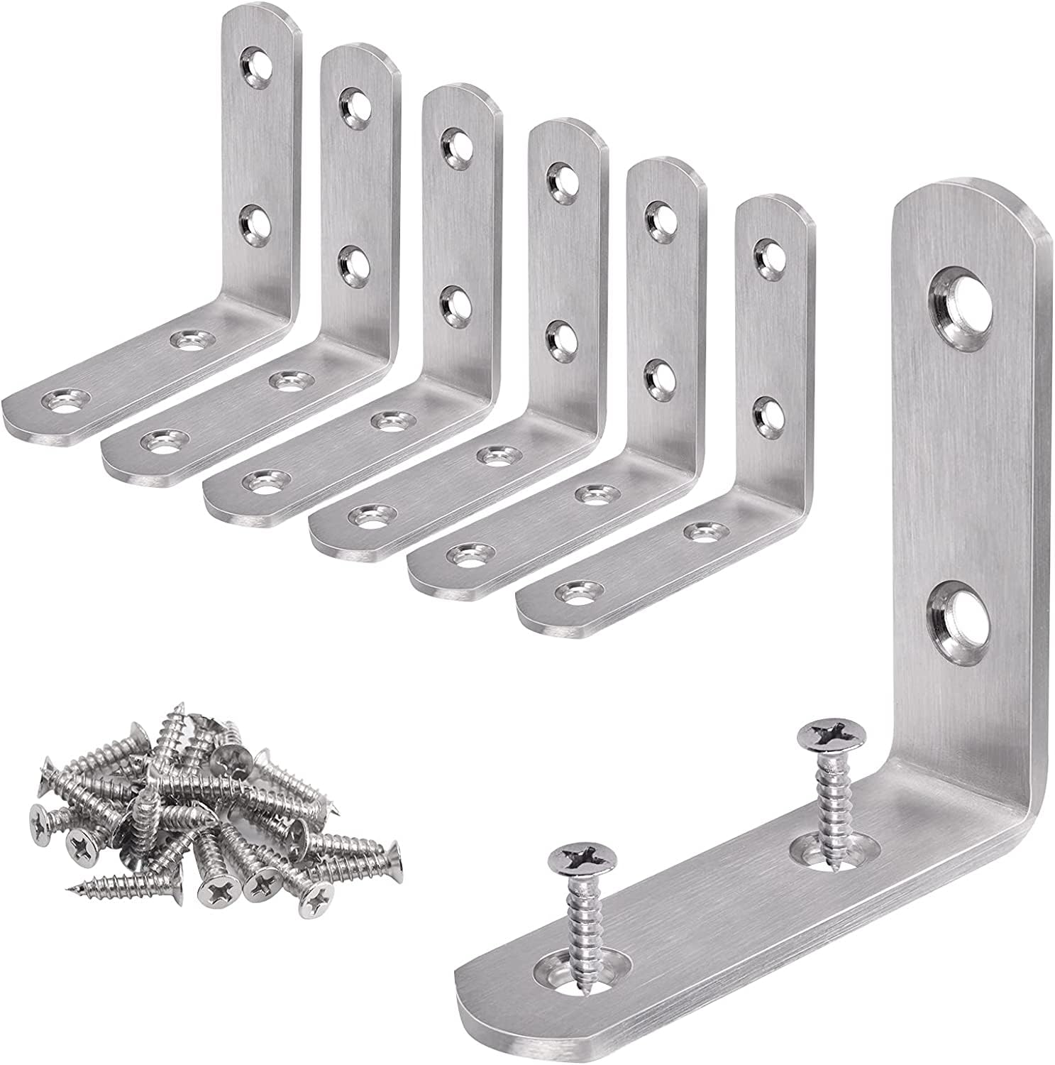 YUMORE Stainless Steel Corner Brace 90 Degree Corner Bracket 65x65mm Right Angle L Brackets Small Wall Shelf Support, 6Pcs, Brushed Finish, with Screws