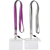 YOUOWO 2 Pack Horizontal Clear ID Badge Holders with Office Neck Lanyards with Clip,Purple Grey Lanyard with Heavy Duty id Holder,PVC Name Tag Card Holder,Waterproof Resealable