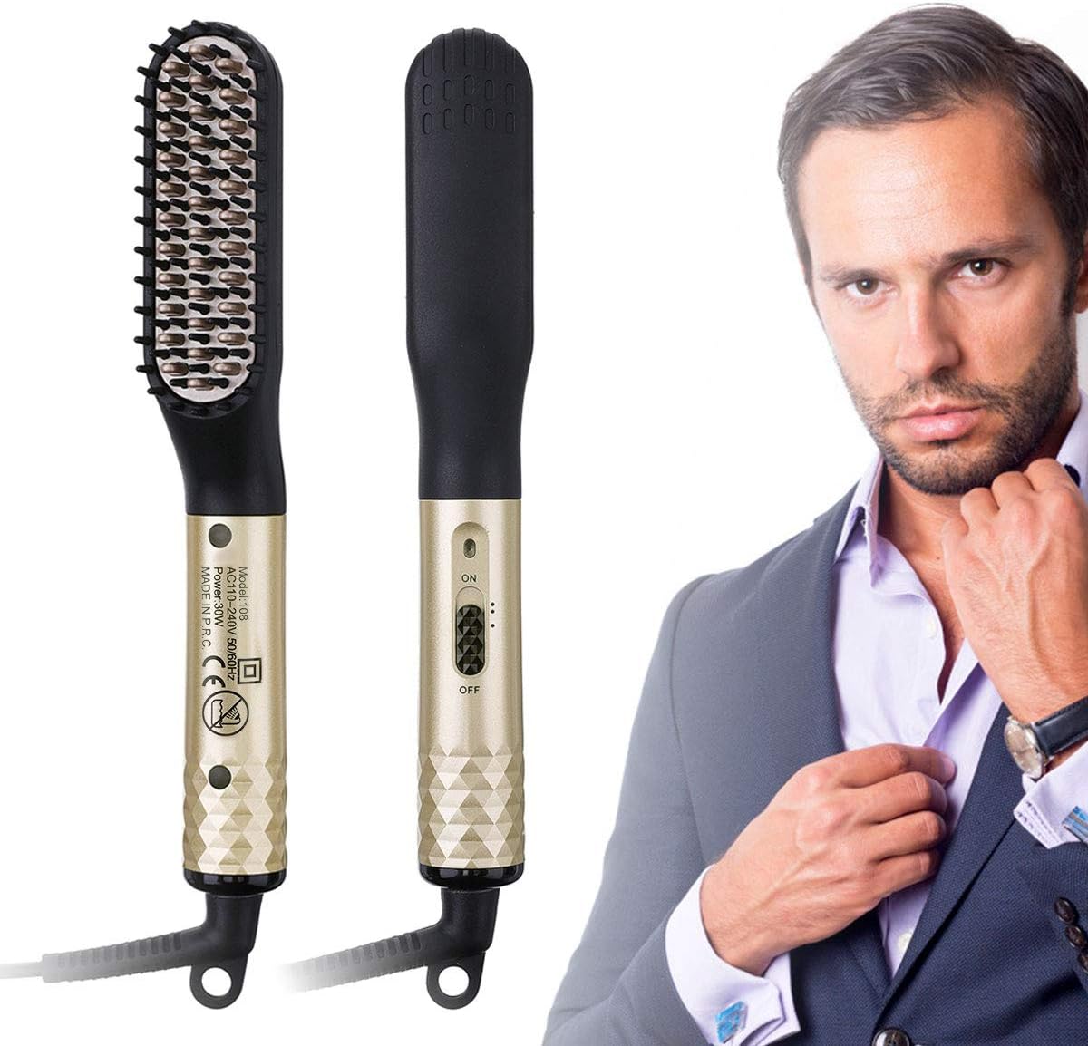 CHARMINER Beard Straightener for Men, Electric Hot Beard Straightening Comb with Dual Voltage 110-240V, 360° Rotation Cord Multifunctional Hair Styler for travel & Men's Short, Long Beard or Hair Gold