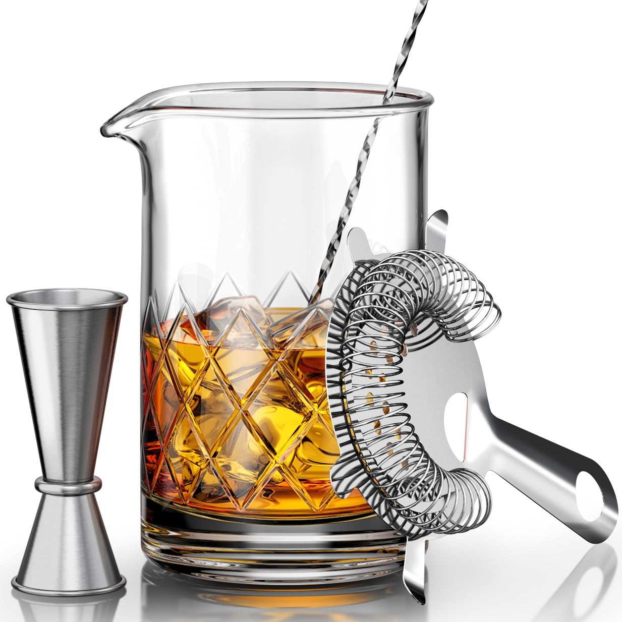 Premium Crystal Cocktail Mixing Glass Set - Includes Mixing Spoon, Strainer, Jigger and 17oz 500ml Cocktail Glass - Sturdy, Thick Base - Perfect for Amateurs & Pros - Great Gift