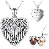 Twoowl Angel Wings Locket Necklace 925 Sterling Silver Heart Locket Necklace That Holds Pictures Memorial Pendant Necklace Locket Jewelry Gifts for Women Girlfriends