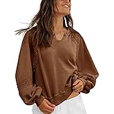 Fisoew Womens Oversized Sweatshirt Casual V Neck Lace Lantern Long Sleeve Cropped Loose Fit Fall Pullover Tops