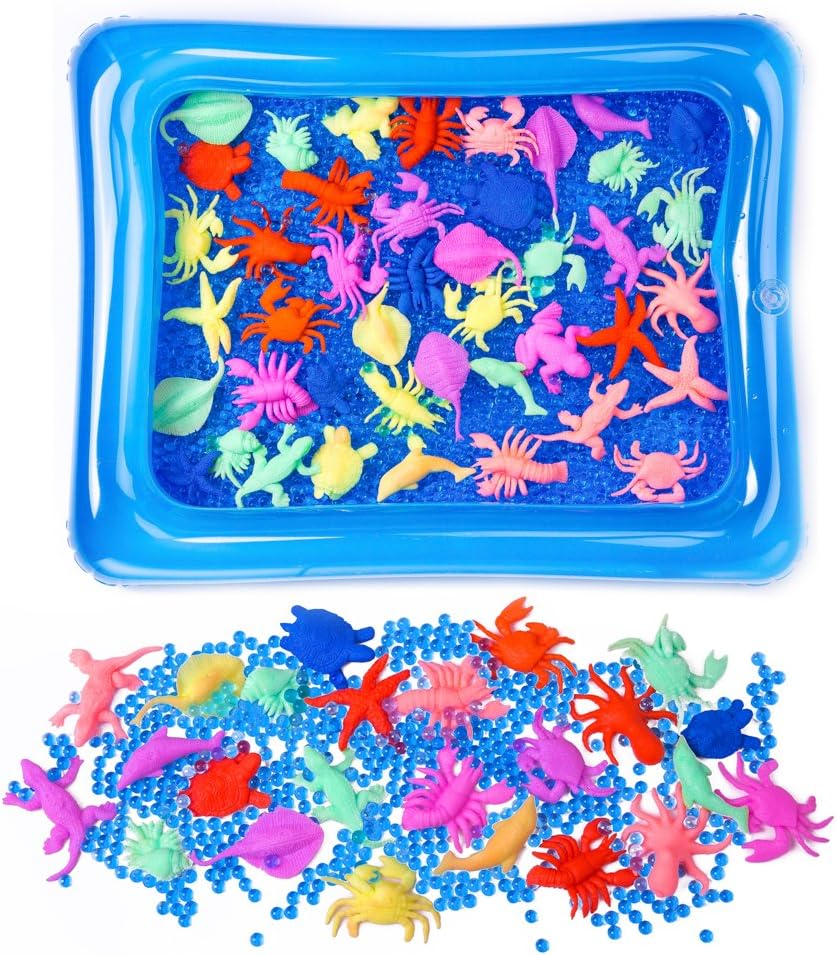 LEOKON Inflatable Portable Sensory Tray or Sand Box, Kinetic Play Sand Tray, with 10000pcs Blue Water Beads and 30pcs creature water growing sea toys