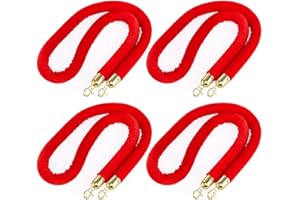 Okllen 4 Pcs Red Velvet Stanchion Rope, 5 Feet Crowd Control Queue Line Barrier Rope with Gold Colour Plated Hooks foor Movie