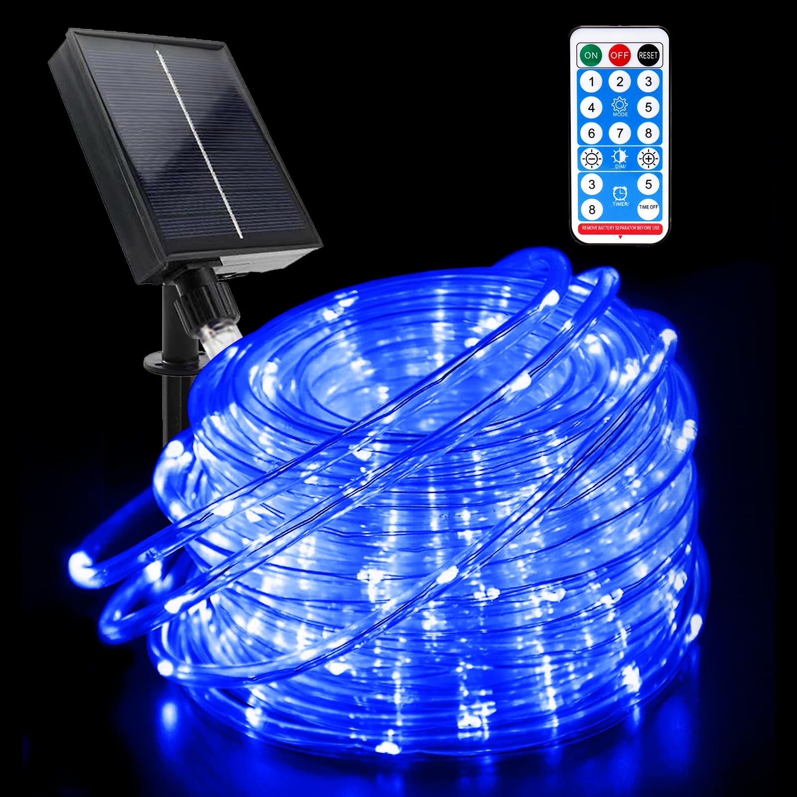 GHONLZIN Solar String Lights Outdoor Rope Lights 65.6ft 8 Modes 200 LEDs Solar Powered Waterproof Rope Lights with Remote for Garden Wedding Christmas Party Holiday Decorations (22M-Blue)