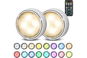 Onumii LED Puck Lights Battery Operated LED Under Cabinet Lighting Wireless Stick on Tap Lights with Remote Controll Color Changing Timer Function for Cabinets, Shelves, Closets - 2Pack White