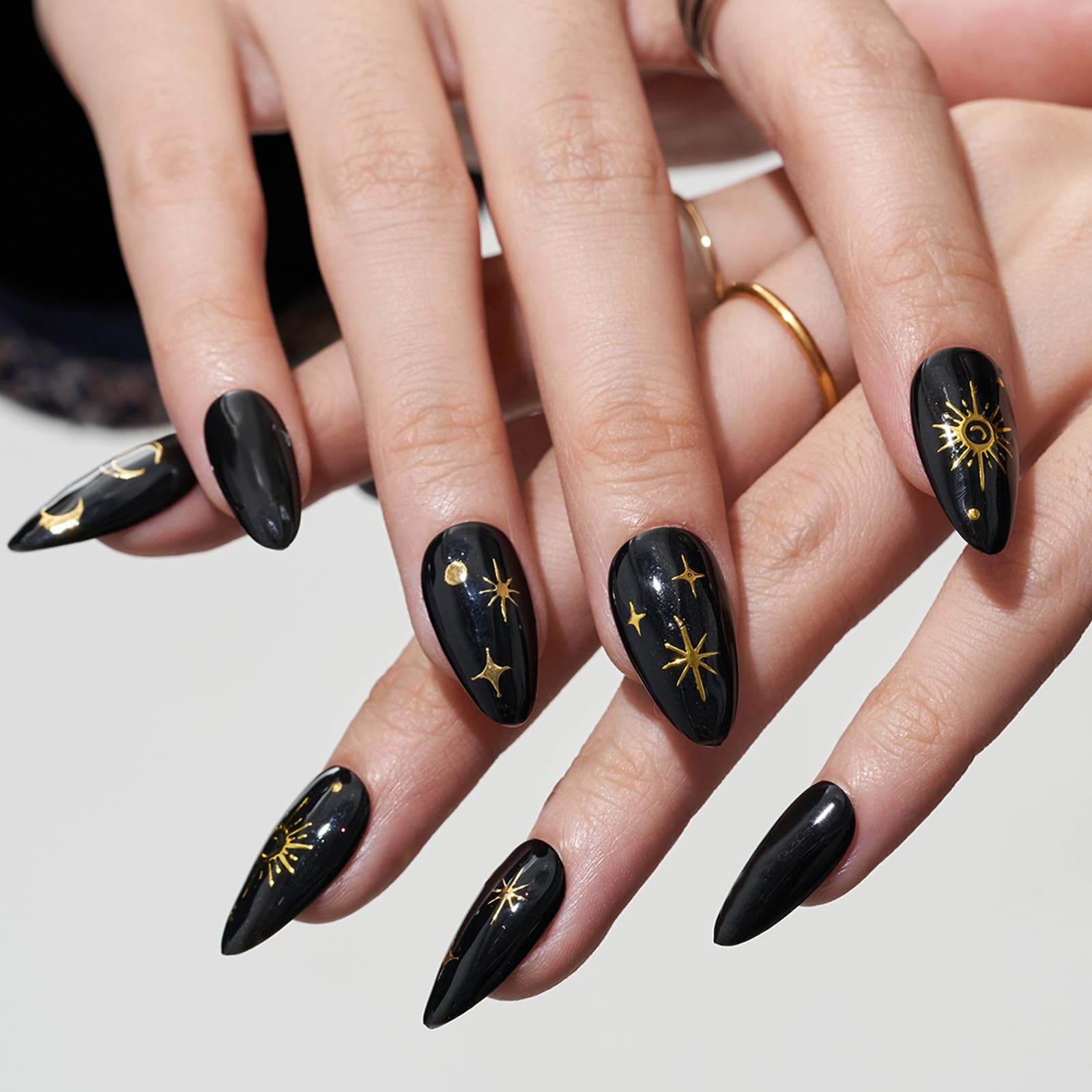GLAMERMAID Press on Nails Medium Almond, Handmade Gothic Star in Black Gel Glue on Nail, 24Pcs Glossy Short Stiletto Reusable UV Finish Fake Nails Acrylic False Nails Manicure Kits for Women
