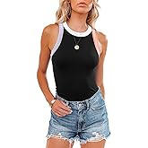 siliteelon Womens Colorblock Racerback Crew Neck Casual Basic Ribbed Fitted Tank Top Sleeveless Camis