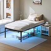 YORMDMO 18 inch Twin Bed Frame, Metal Bedframe with LED Lights, Heavy Duty Basic Steel Slats Platform, Outlets & USB, No Box Spring Needed