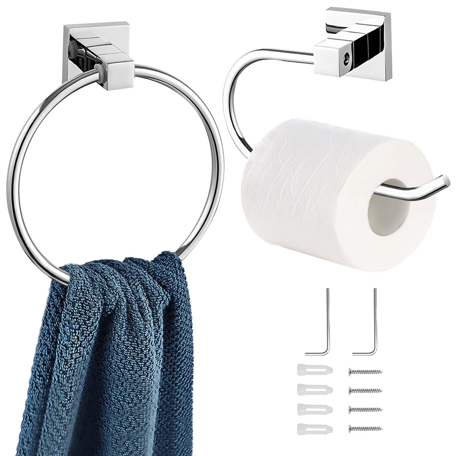 BEIJIE Chrome Toilet Roll Holder, 2 Pieces Bathroom Accessory Toilet Paper Holder and Towel Ring, 304 Stainless Steel Waterproof Rust Resistant Towel and Toilet Roll Holder Wall Mounted Set (Silver)